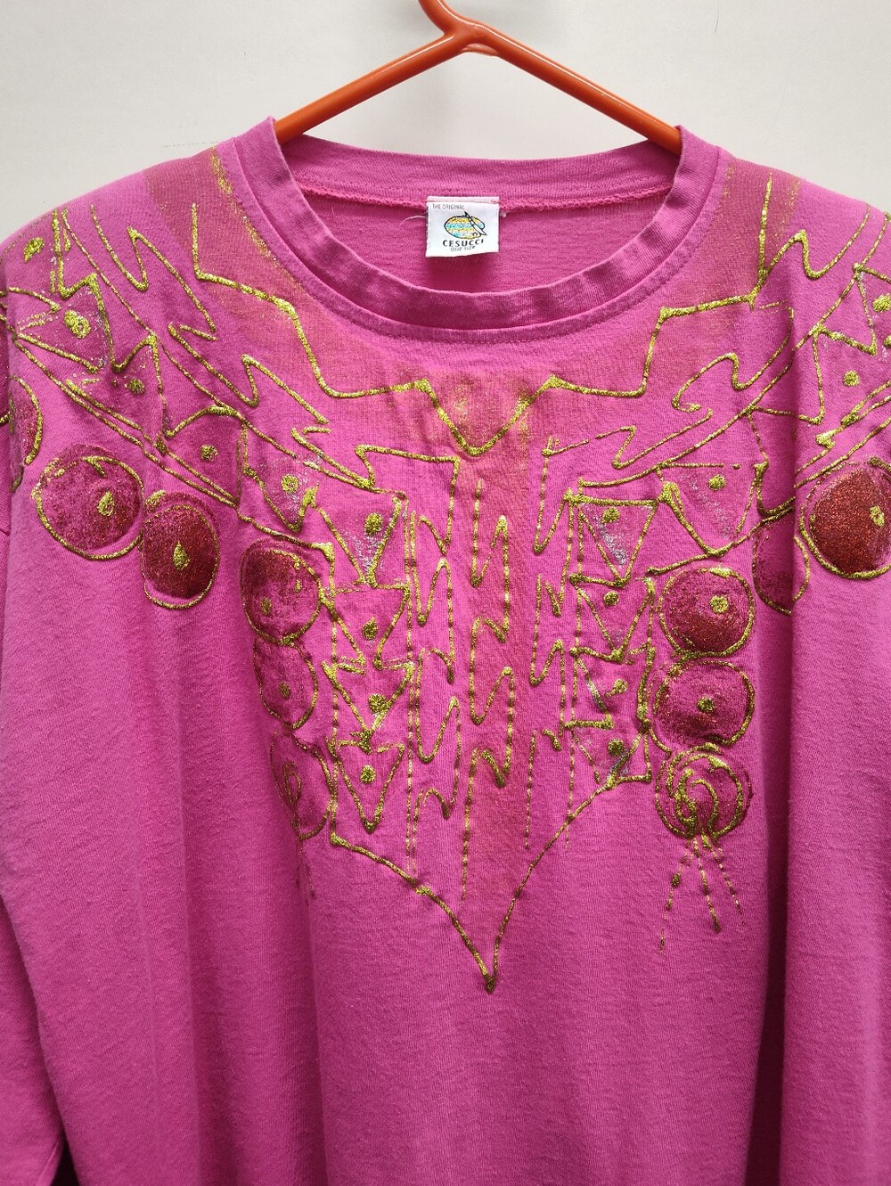 VTG Hot Pink Graphic Sweatshirt with Gold Glitter Design Cessuci One Size